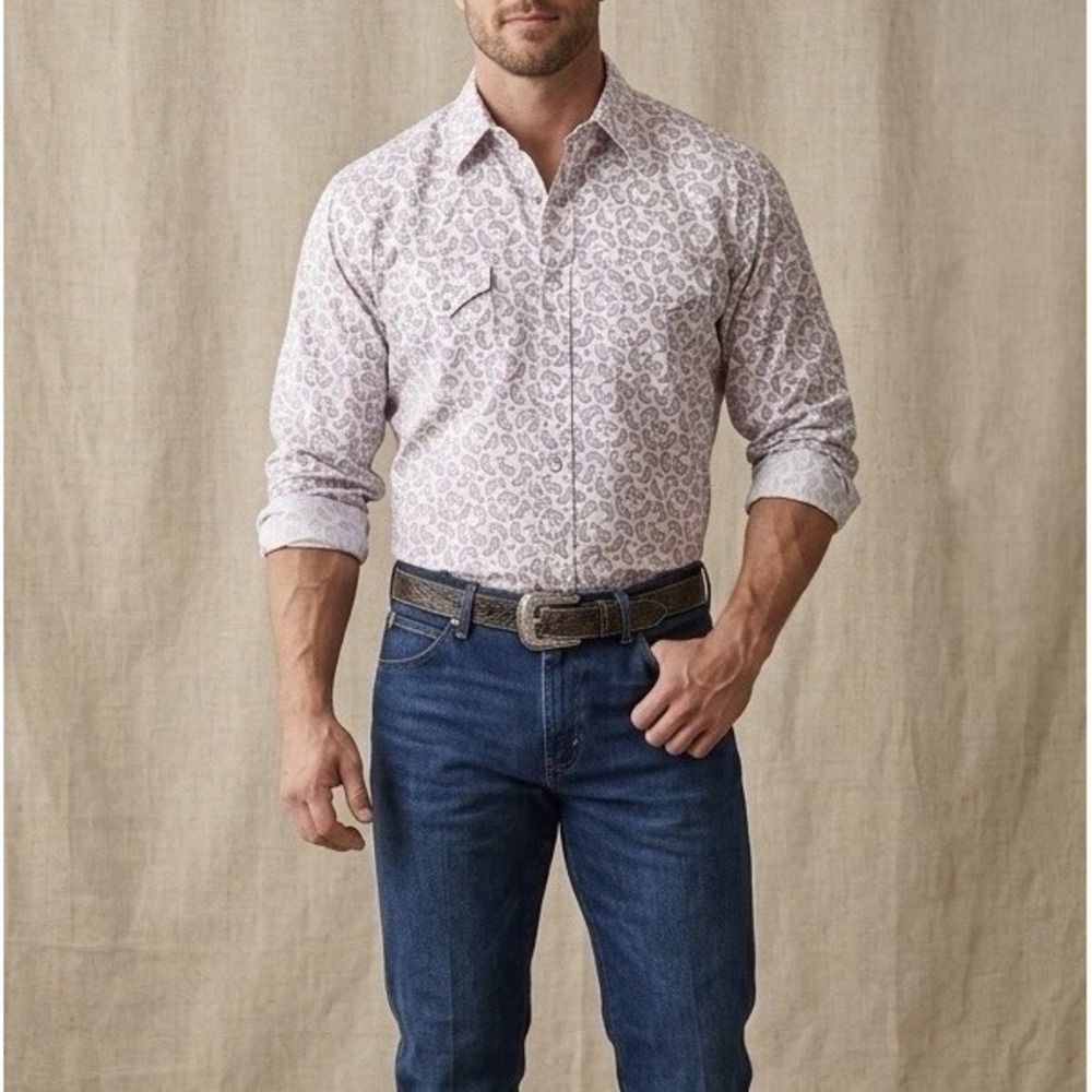 Wrangler 20X Pearl Snap Shirt Mens Sz M Cowboy Paisley Print Western Rodeo Work